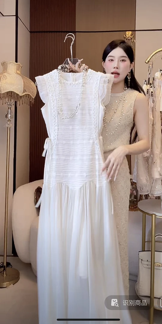 气质女神高定法蕾拼接飞飞袖长款仙气百搭连衣裙