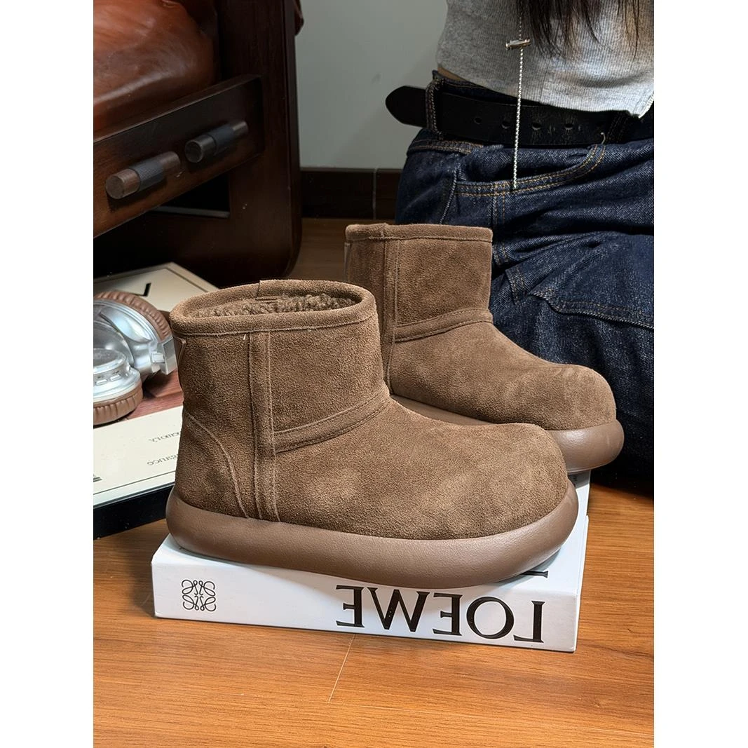 磨砂真皮厚底大头雪地靴女加绒加厚勃肯短靴2025冬季新款面包棉鞋