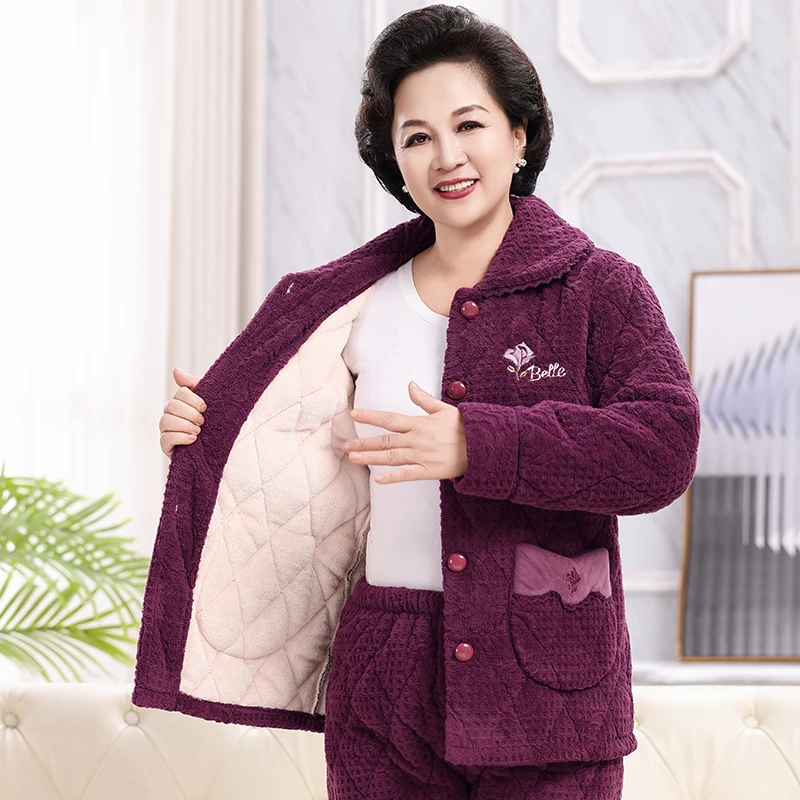 618女款秋冬季三层加厚加绒家居服套装