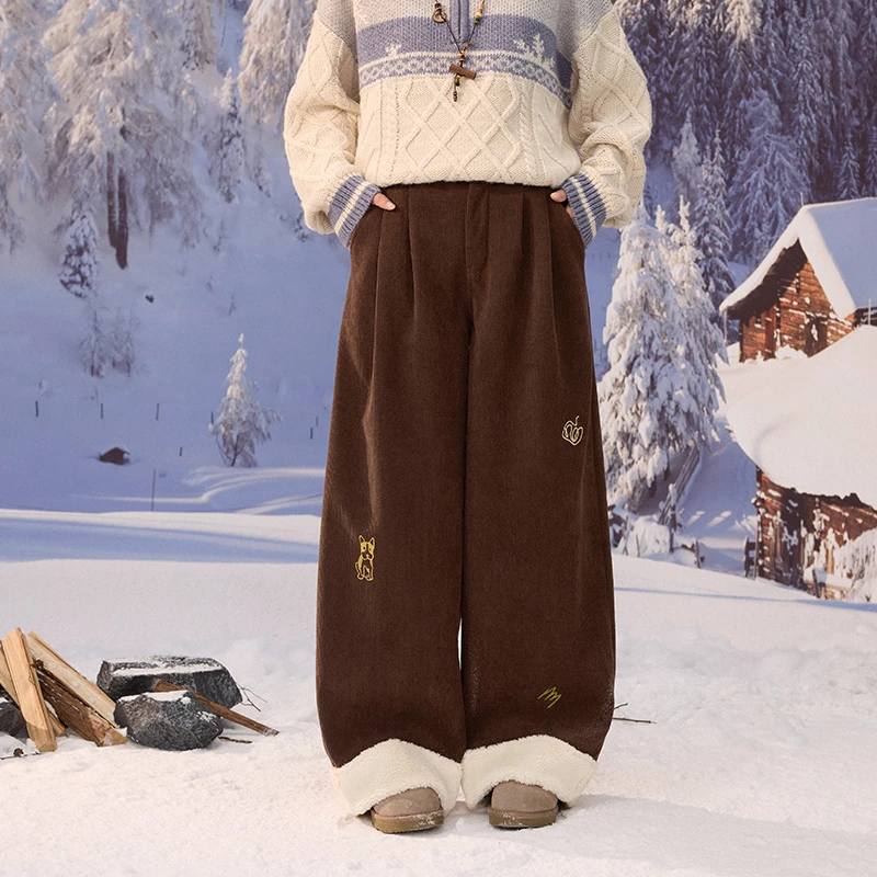 KZ10155复古加绒加厚保暖灯芯绒拼接羊羔毛休闲裤秋冬女