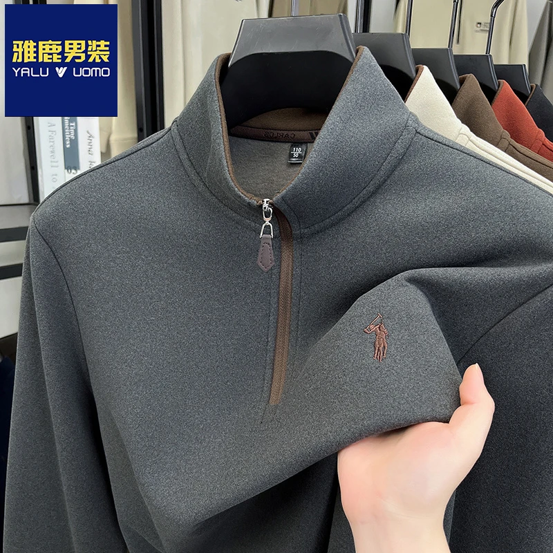 雅鹿男装秋冬新款长袖立领半拉链保暖卫衣刺绣男士百搭德绒打底衫