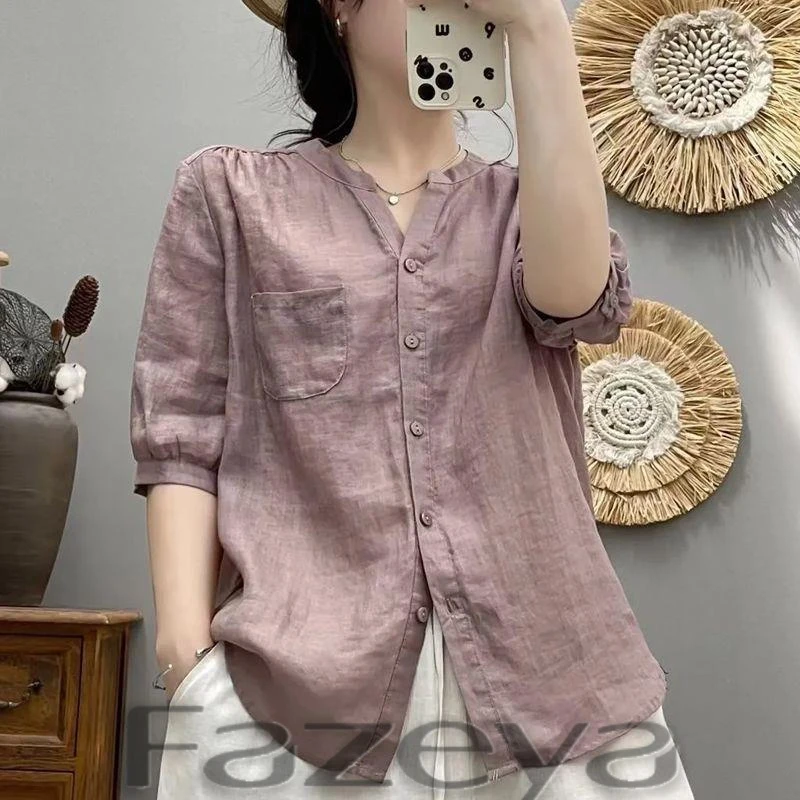 彩羊 时尚高级感复古苎麻衬衫女夏季新款轻奢妈妈装宽