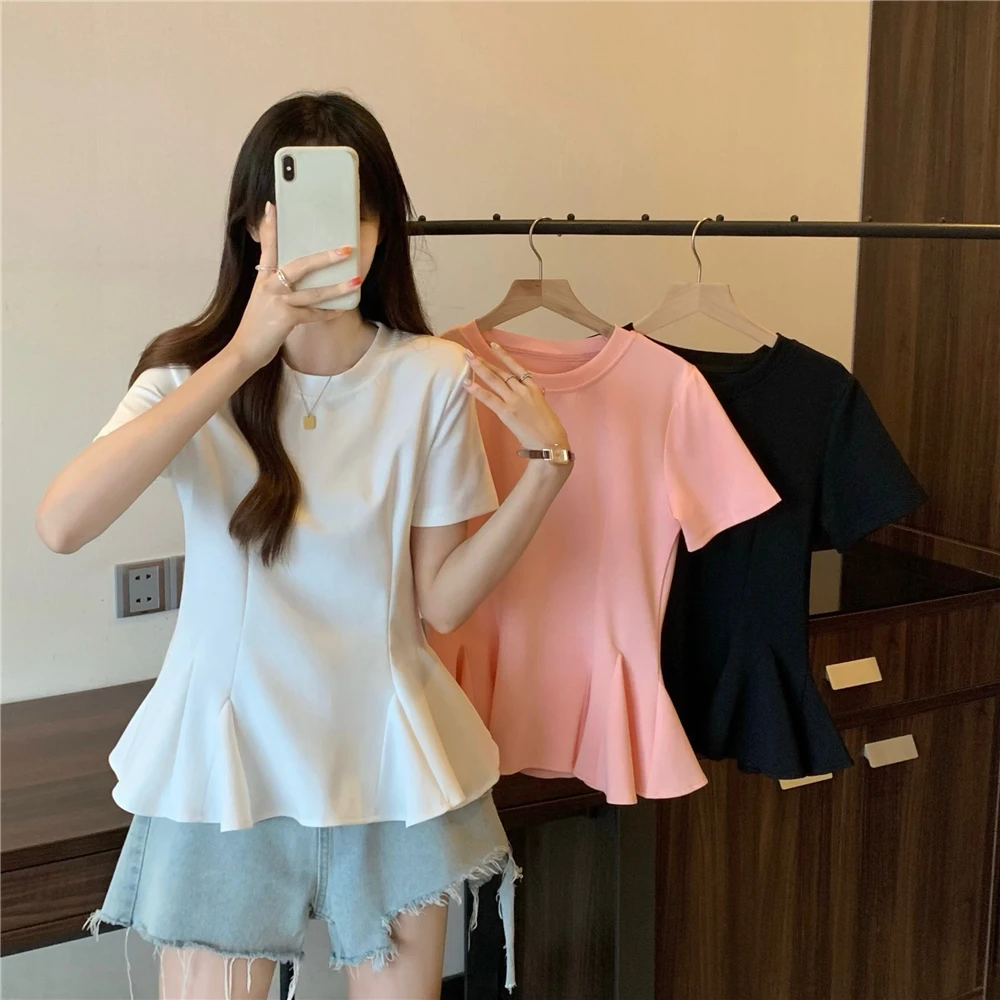 棉正肩短袖T恤打底衫女夏装大码胖mm显瘦遮肚高级感收腰裙摆上衣