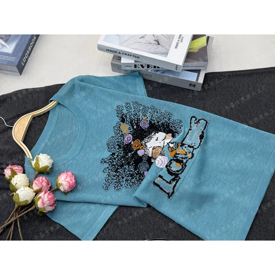 【湖蓝色爆炸头假两件】新款时尚短袖套头上衣QC2966