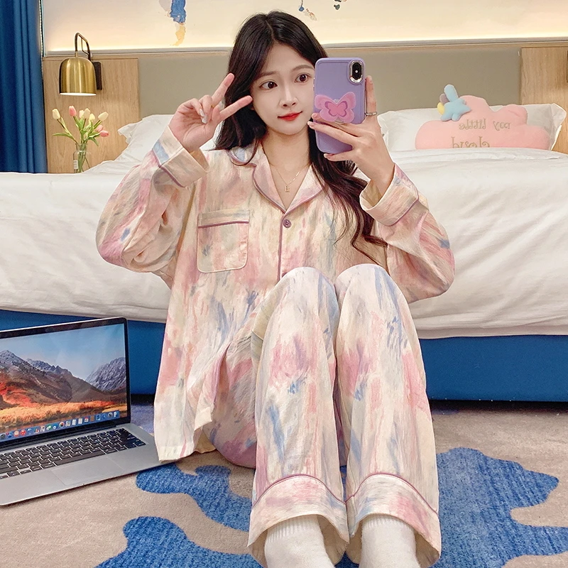 春秋季新款薄款女睡衣云朵棉长袖长裤开衫甜美风家居服套装带胸垫