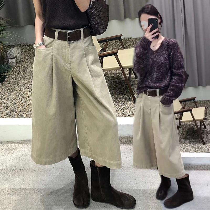极简复古风卡其灯芯绒裤子女秋高腰韩版休闲直筒裤显瘦条绒八分裤