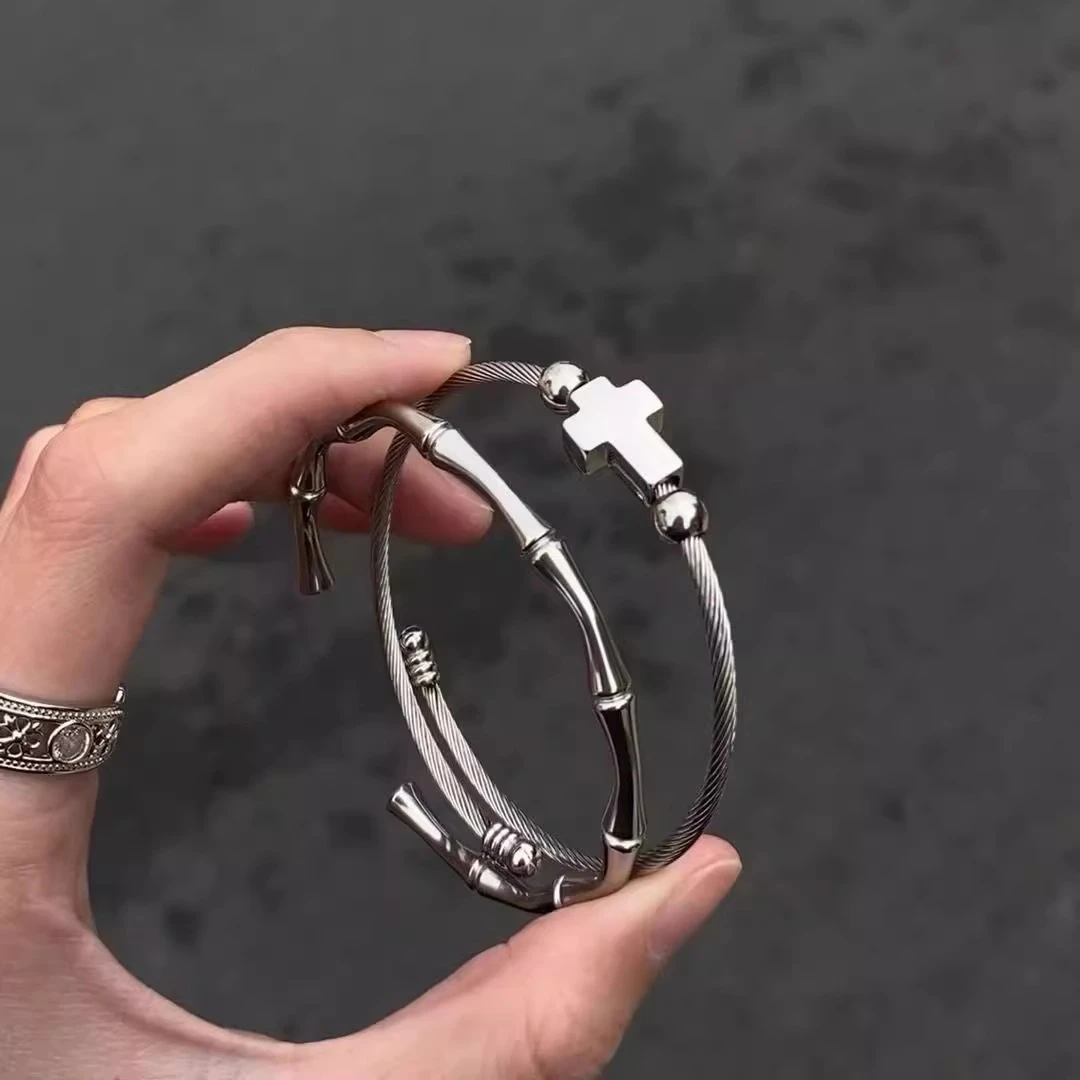 钛钢手链 小众设计十字架手环男女手链情侣竹节手镯开口潮流手饰