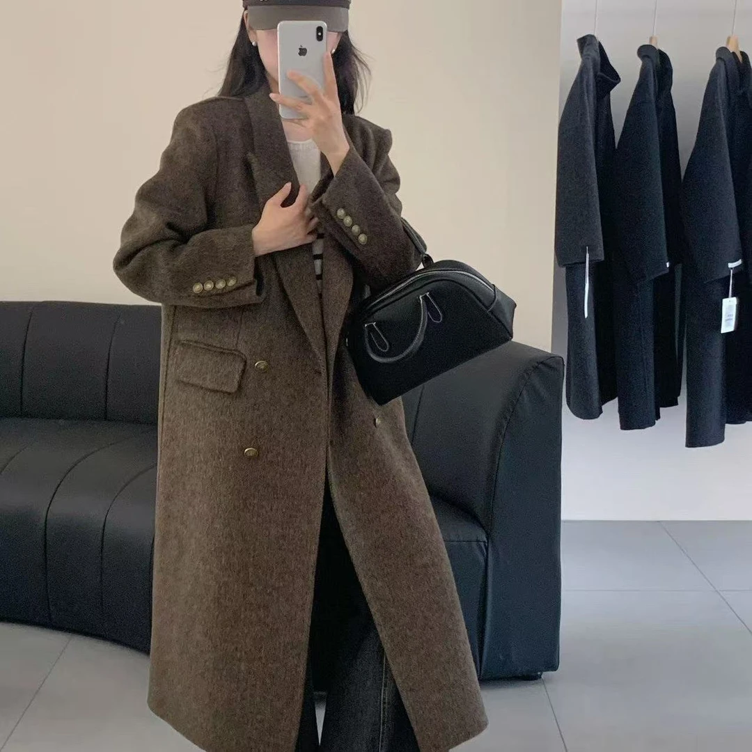 宽松外套长款呢子女西装秋冬毛呢外套斜纹羊毛大衣B889