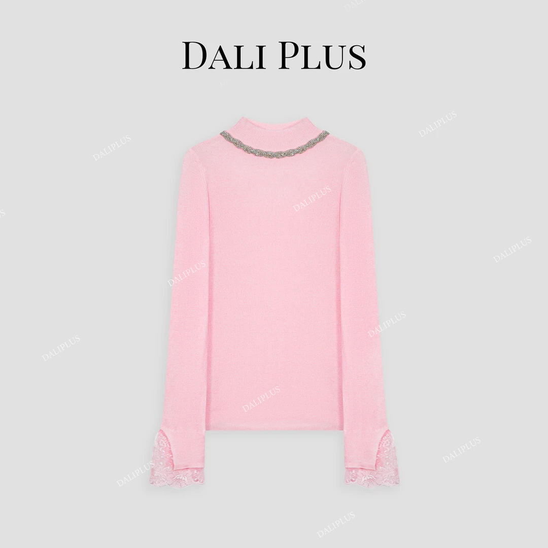 DALI PLUS精致钻领纽带百搭绵羊 毛半高领袖口蕾丝针织-D4CH0137