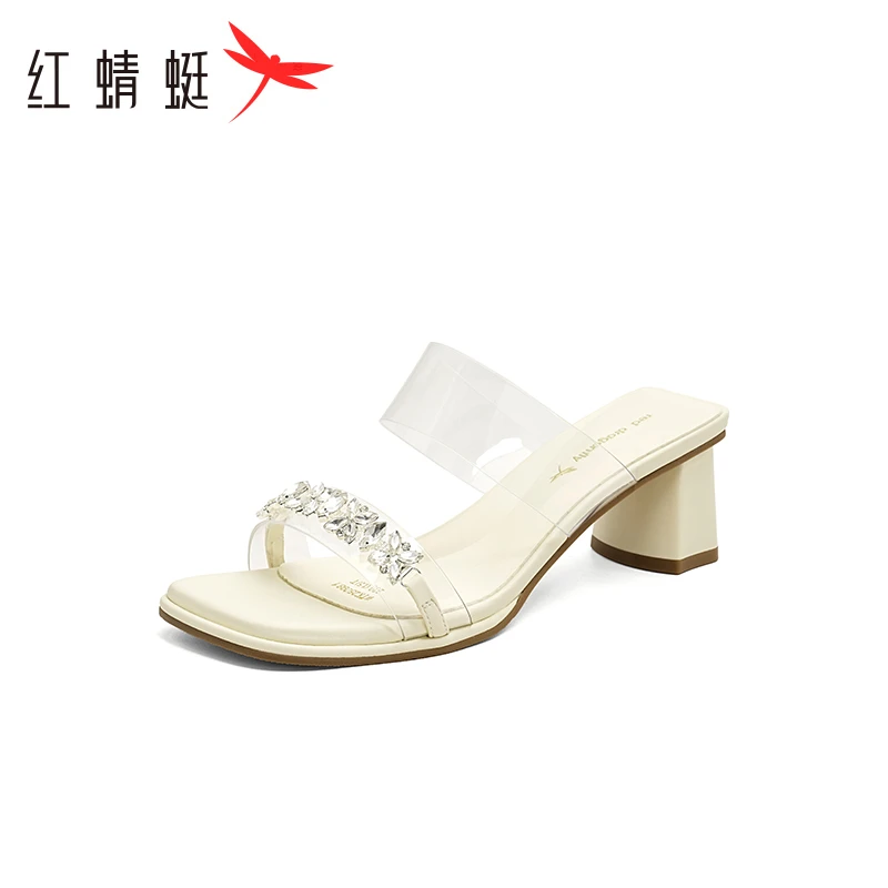 红蜻蜓高跟凉鞋女鞋粗跟拖鞋通勤气质外穿水钻凉拖鞋子女WTK25098
