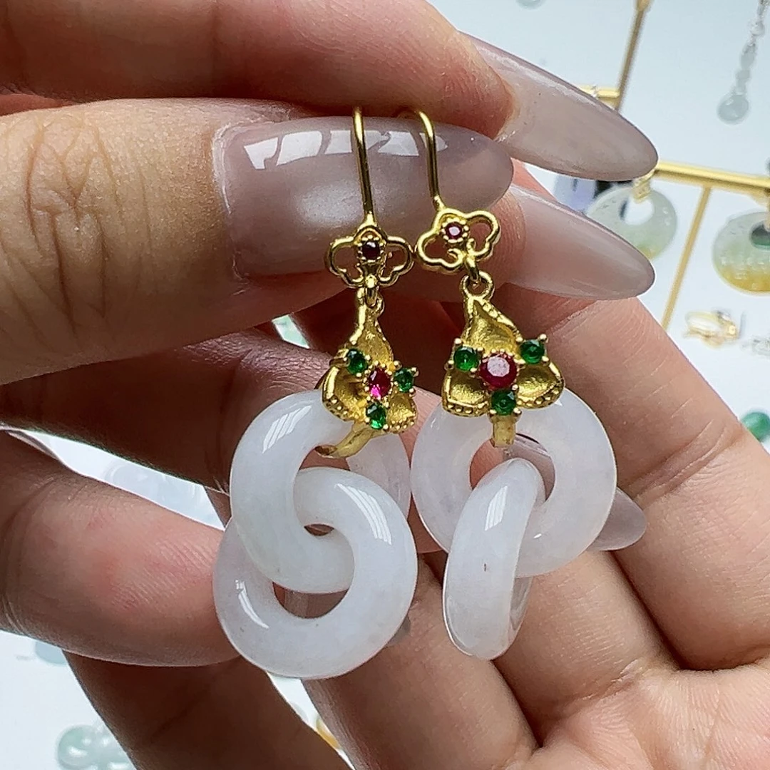 银S925镶嵌翡翠耳饰天然缅甸A货翡翠