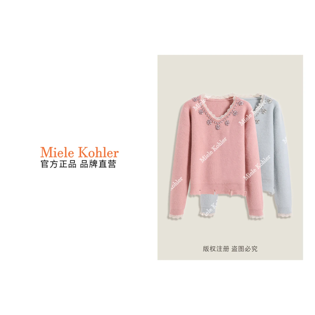 冬季新款轻设计感重工镶钻V领女毛衣MKKQ3357-12【澳门小源同款】