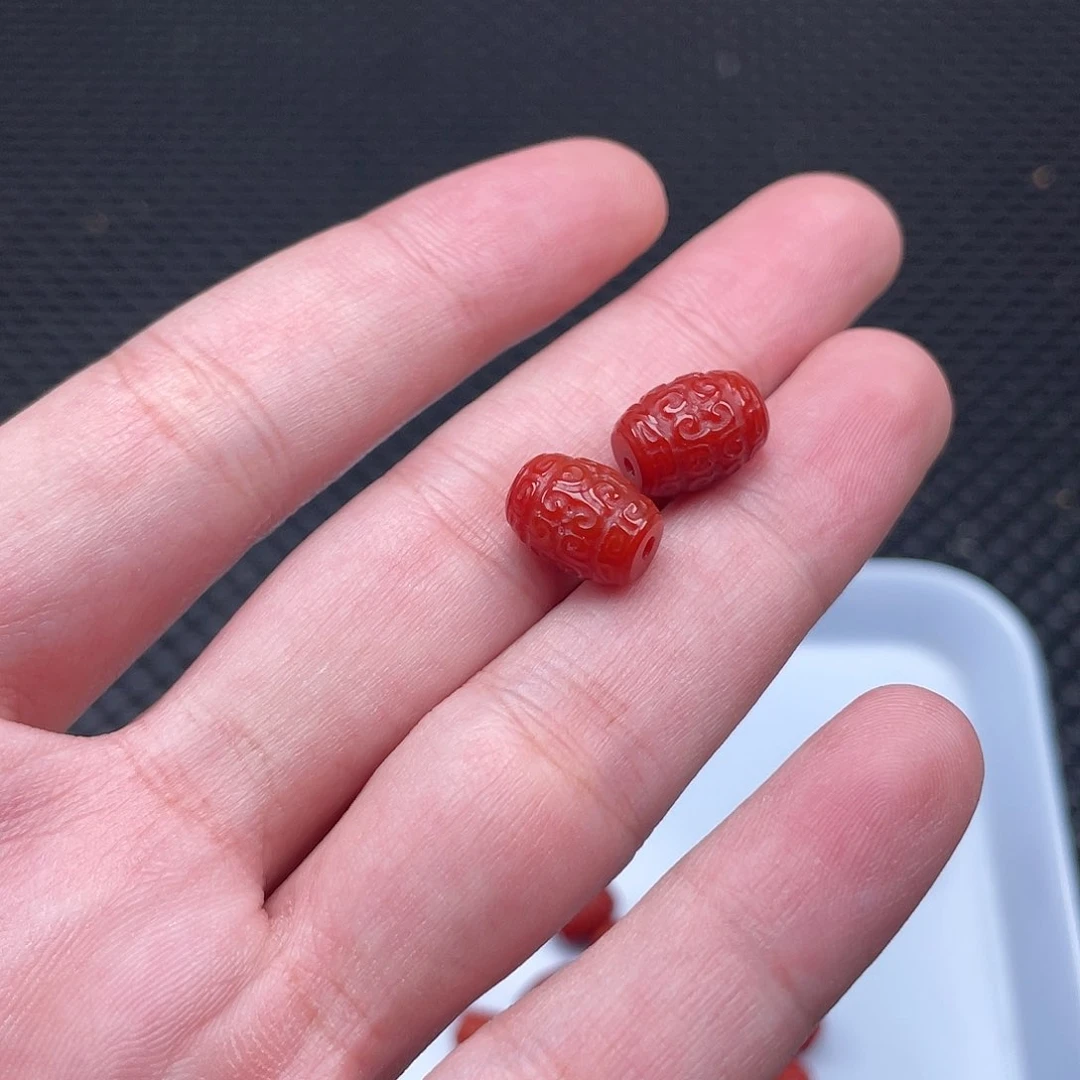 南红玛瑙9*12柿子红回纹桶珠一组2颗未镶嵌