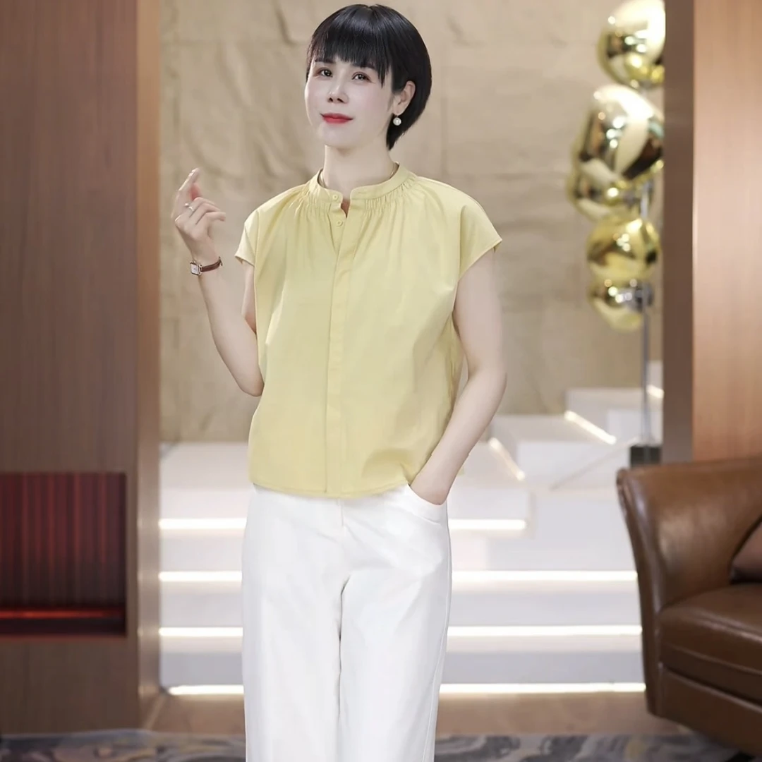 【渲渲推荐】H-F5093夏季设计感褶皱领口微袖衬衣