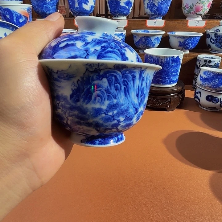 青花手工手绘山水盖碗