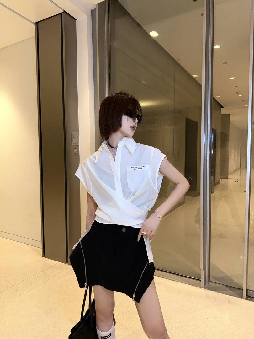 邓蕾婷【夏威夷】夏季新款简约时尚洋气显瘦小众设计感百搭衬衫