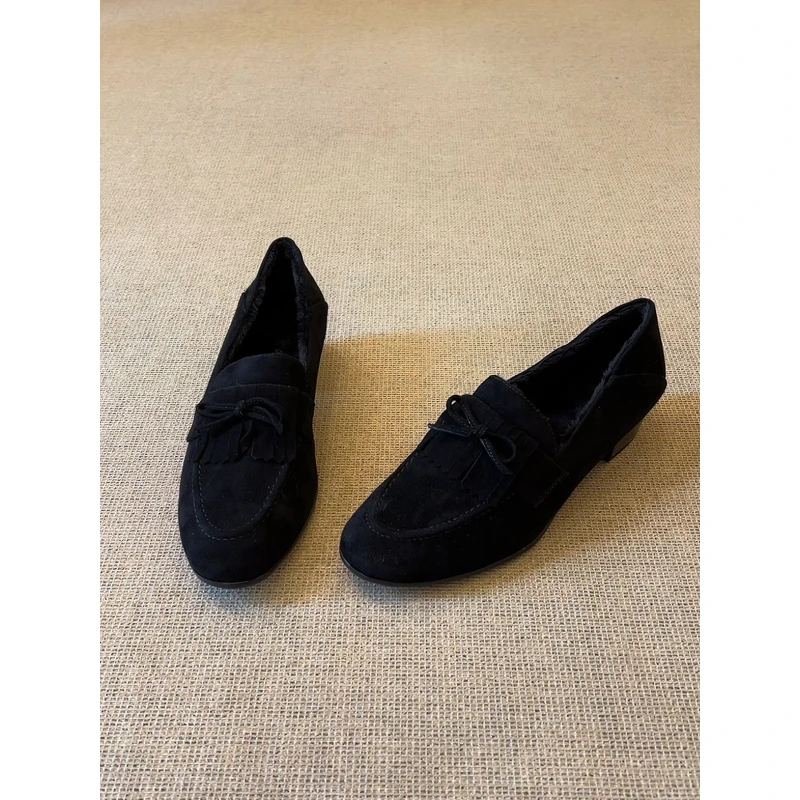 nnmiss/3cm法式小圆头流苏蝴蝶结磨砂粗跟深口百搭一脚蹬单鞋