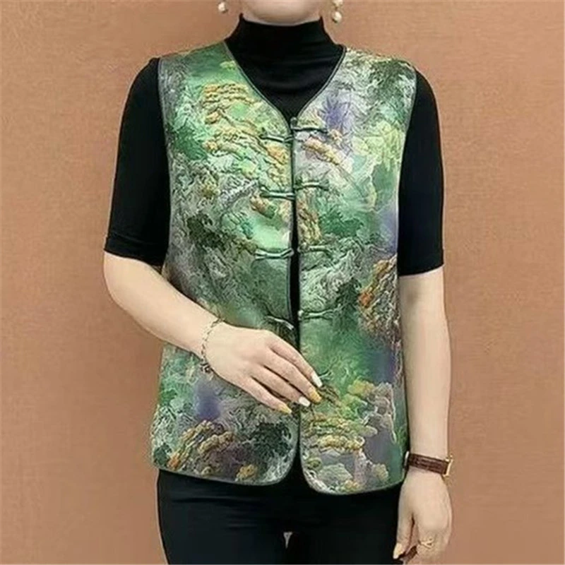 [YQ251026]中老年女V领免烫提花马夹中式花色民族风宽松