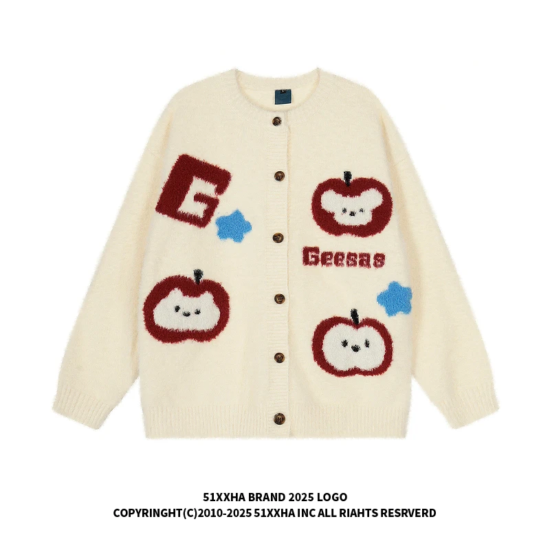 51嘻哈潮牌学院风卡通提花马海毛针织衫男秋美式宽松休闲毛衣外套