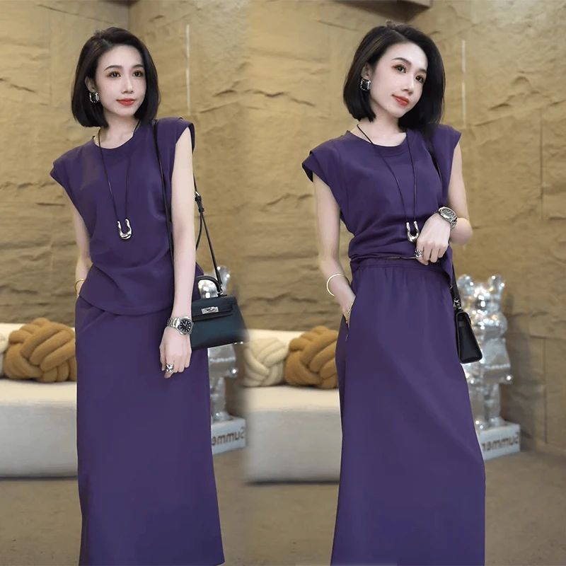 洋气中长款连衣裙时尚套装减龄显瘦韩版休闲极简风休闲风时尚套装