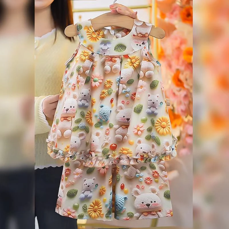 女童裙子夏天薄款套装2025新款碎花女孩裙子洋气可爱清新无袖套装