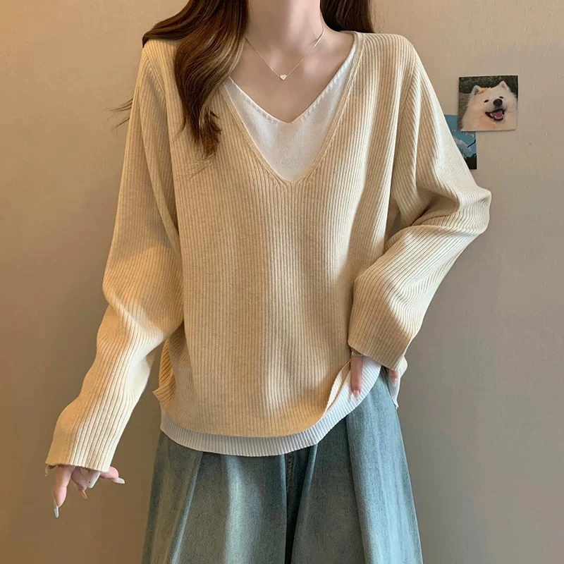 hd【针织系列】织入日常 韩版v领假两件针织衫 舒适洋气