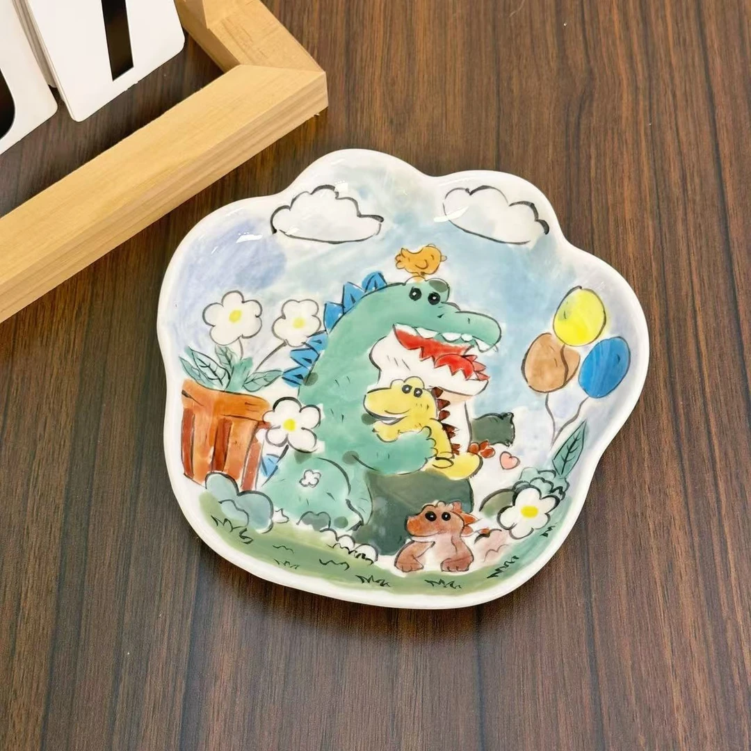 【直播-不带盒子】高温釉下彩中号猫爪盘可爱手绘手工盘子194