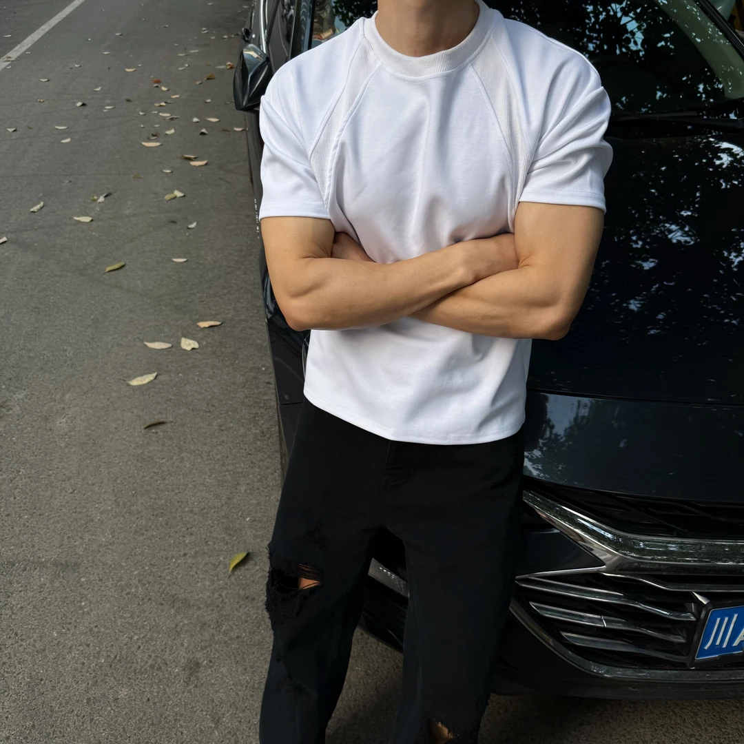 2025春夏季液氨太空棉BOXY重磅拼接抗皱高弹硬挺显型冰感短T健身