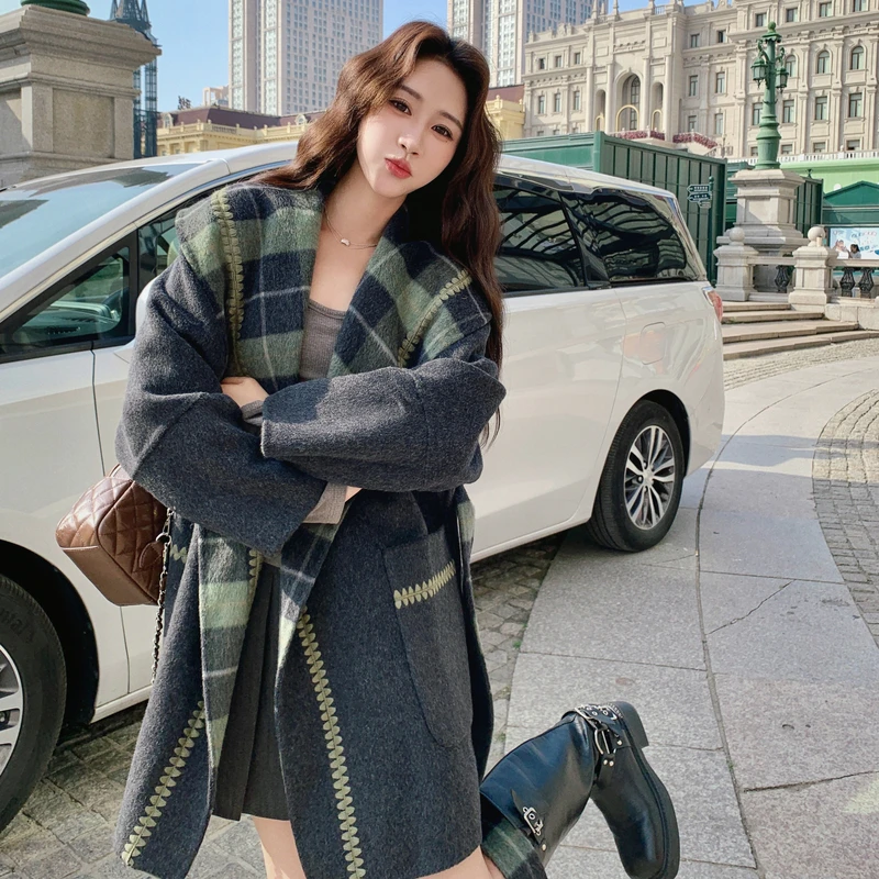 灰绿色格纹双面羊绒大衣女款2025新款秋冬两面穿中长款羊毛呢外套