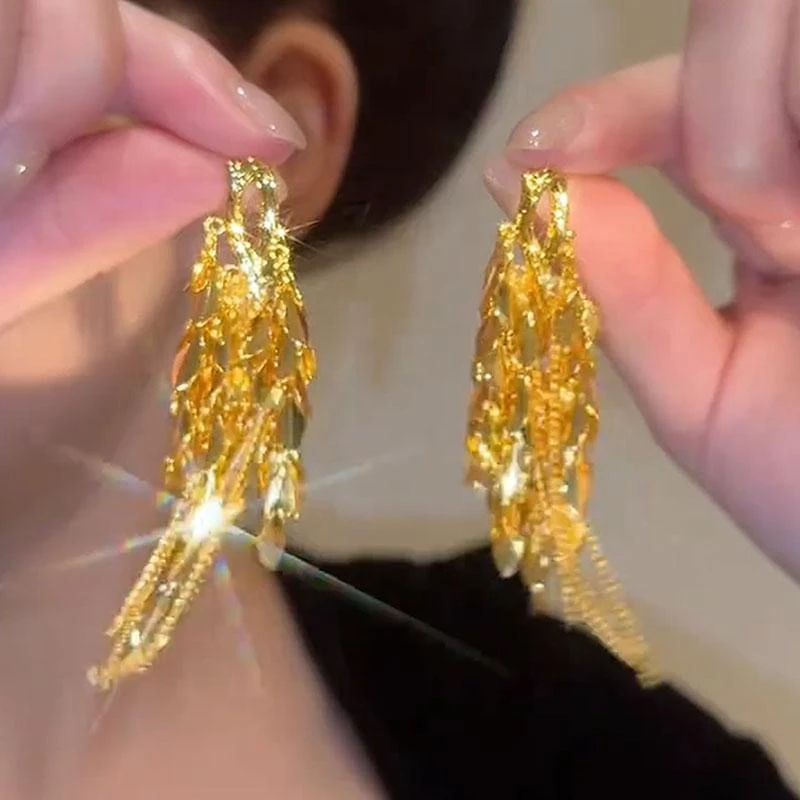 925银耳饰 防过敏金色麦穗长款流苏耳环日韩时尚夸张百搭耳坠小众