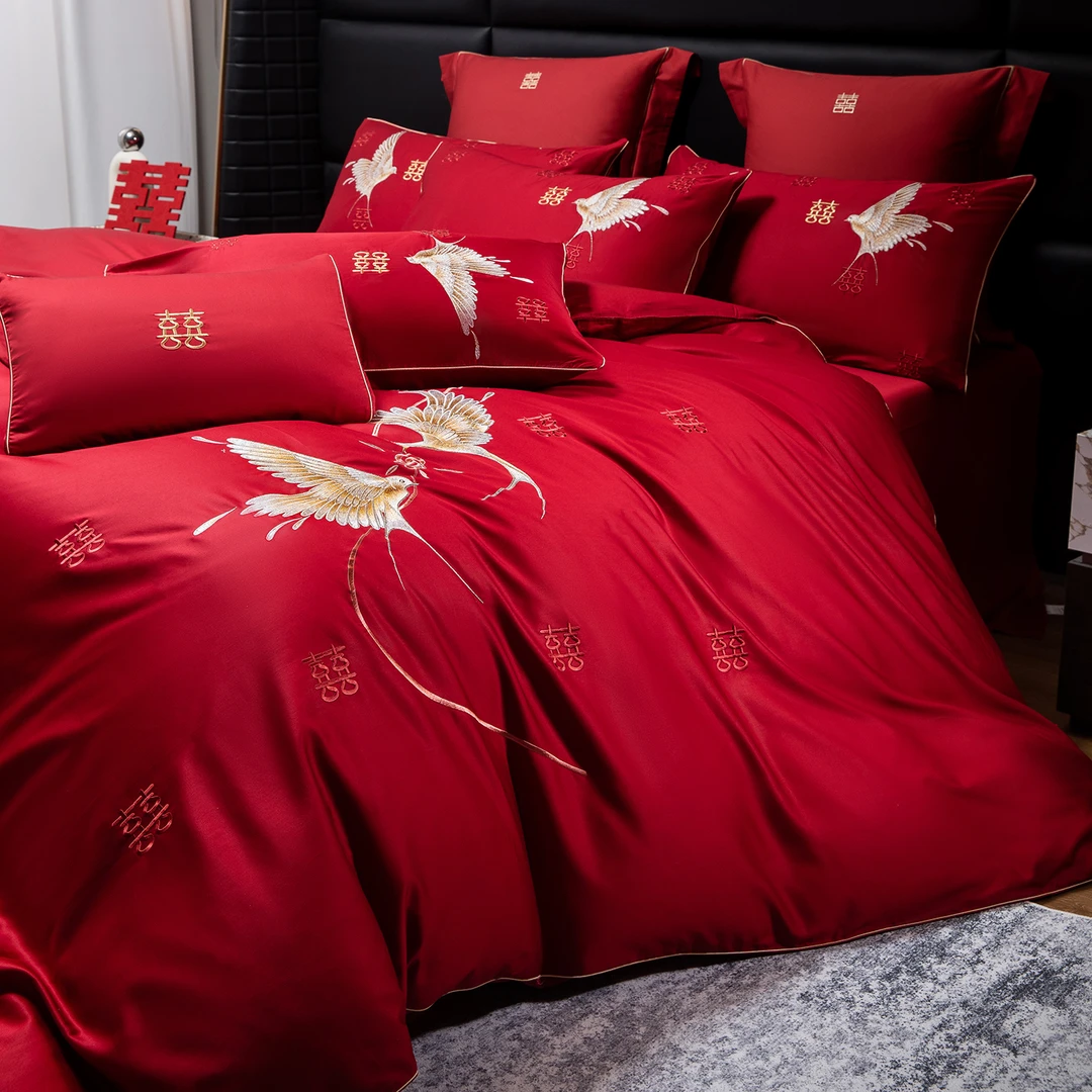 水星高端系列家纺简约新中式婚庆四件套澳棉红色喜字刺绣被套纯棉