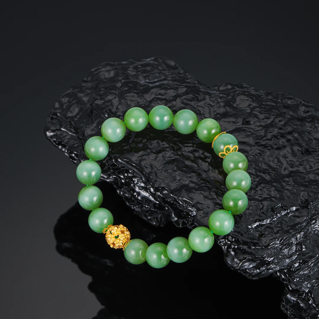 【精品】18K金繁花球路路通配件10mm碧玉猫眼手串HNZ10308