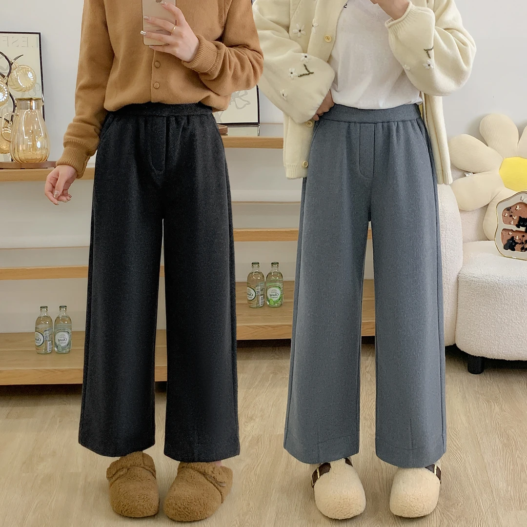 秋冬新款弹力加绒加厚毛呢休闲裤女梨型大码宽松显瘦九分直筒裤子