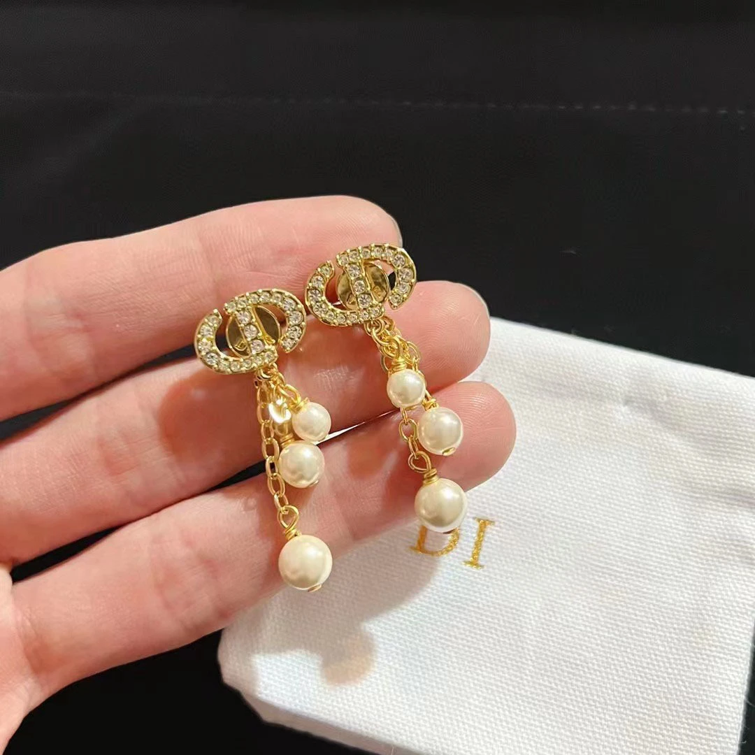 黄铜陶瓷耳饰 24年新款迪家大小珍珠玫瑰金耳钉D家CD流苏耳环女高