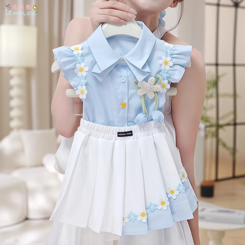女童小飞袖衬衫半身裙套装2025夏季花边短袖百褶裙学院风短裙短袖