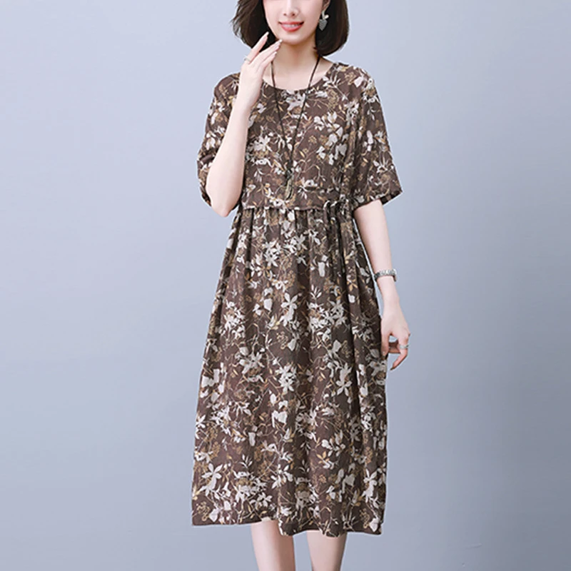 棉麻中长款碎花连衣裙2025夏季新款复古民族风减龄遮肚子妈妈裙子
