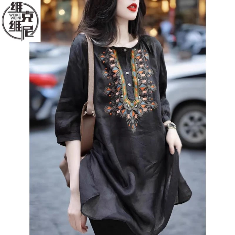 品质短袖T恤女2025新款秋季圆领宽松复古中长款静奢休闲衬衫100其