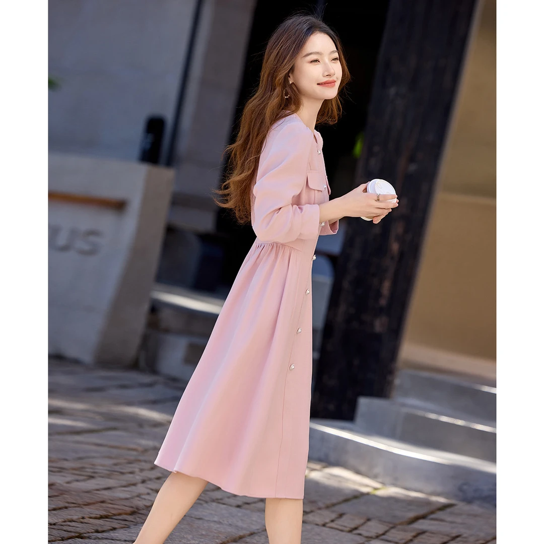 尚静法式优雅小香风连衣裙2025秋季新款气质优雅收腰圆领连衣裙