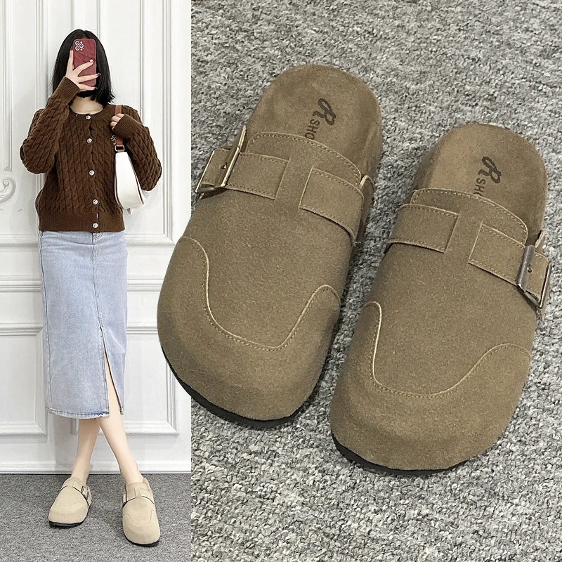 2025春季新款百搭通勤时尚复古厚底包头女皮带扣勃肯半拖单鞋