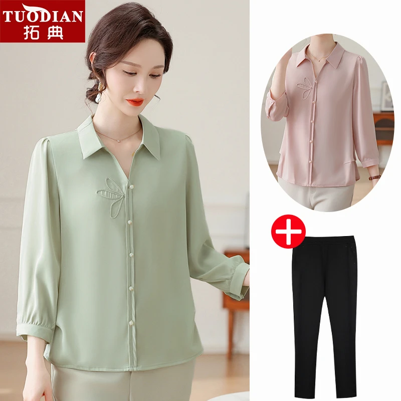 新中式妈妈春夏装时尚翻领衬衫2025新款中老年女装气质雪纺小衫