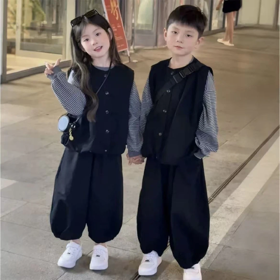 儿童秋季套装男女童韩兄妹春秋亲子装打底衫灯笼裤痞帅三件套潮酷