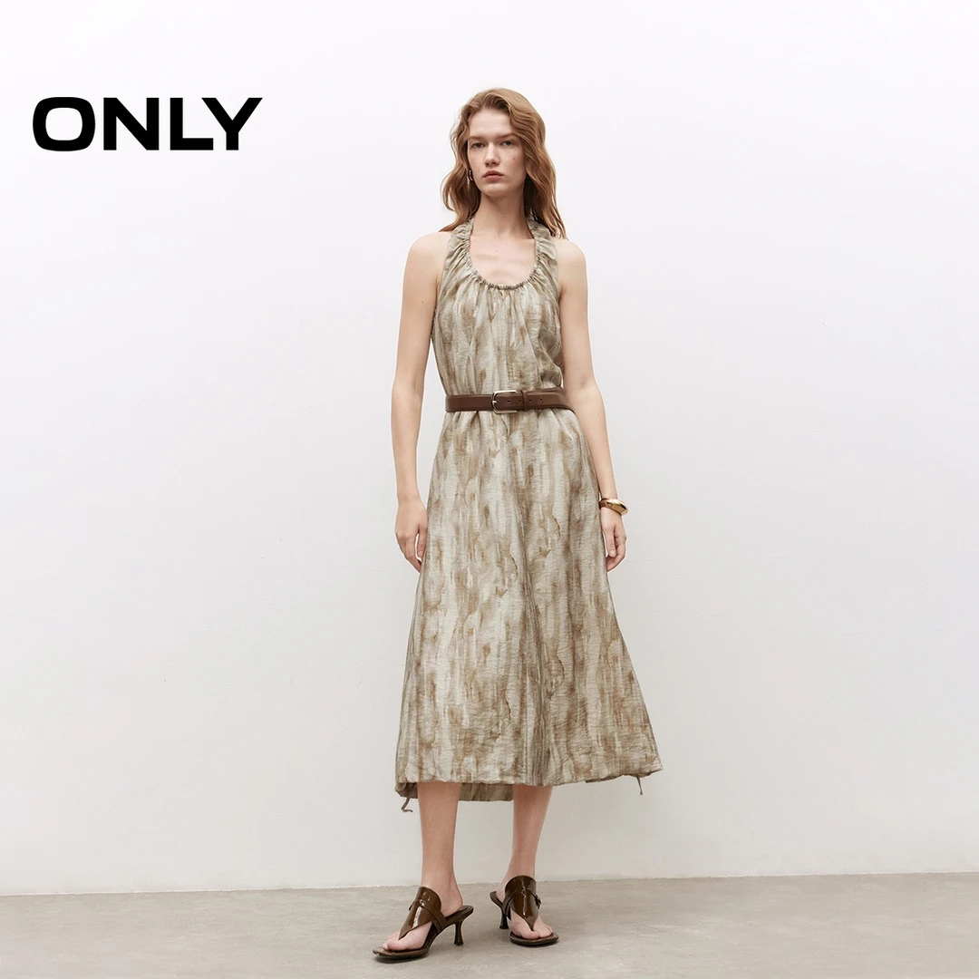 ONLY2025春季新款挂脖系带无袖露背印花长裙连衣裙女|125107114