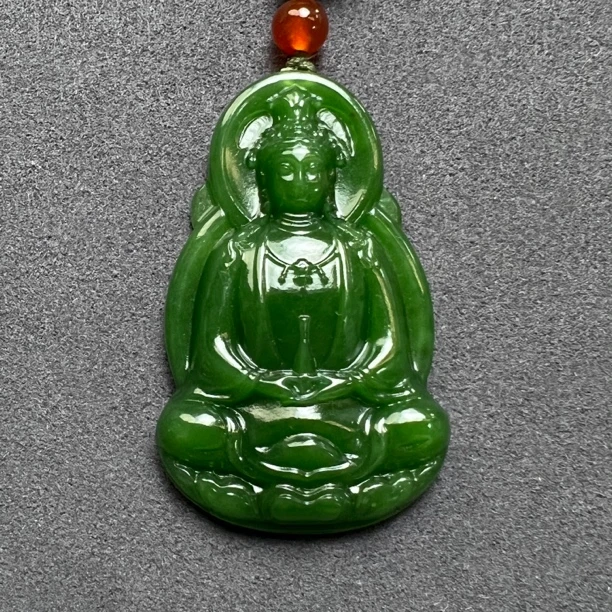 俄罗斯老坑碧玉冰底料菠菜绿正装净瓶坐莲立体观音 满色满绿