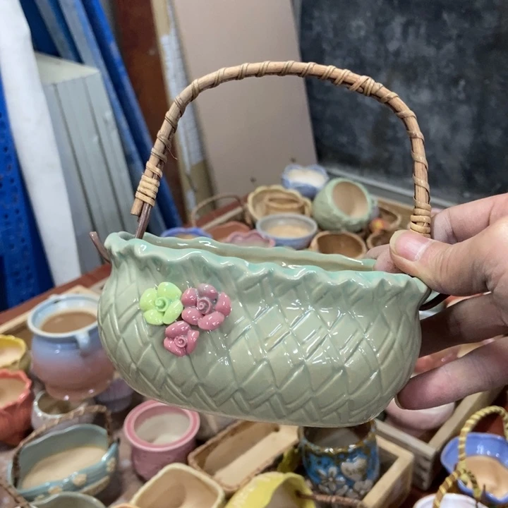 陶瓷花盆单场满9.9发14*9.5*6.5绿