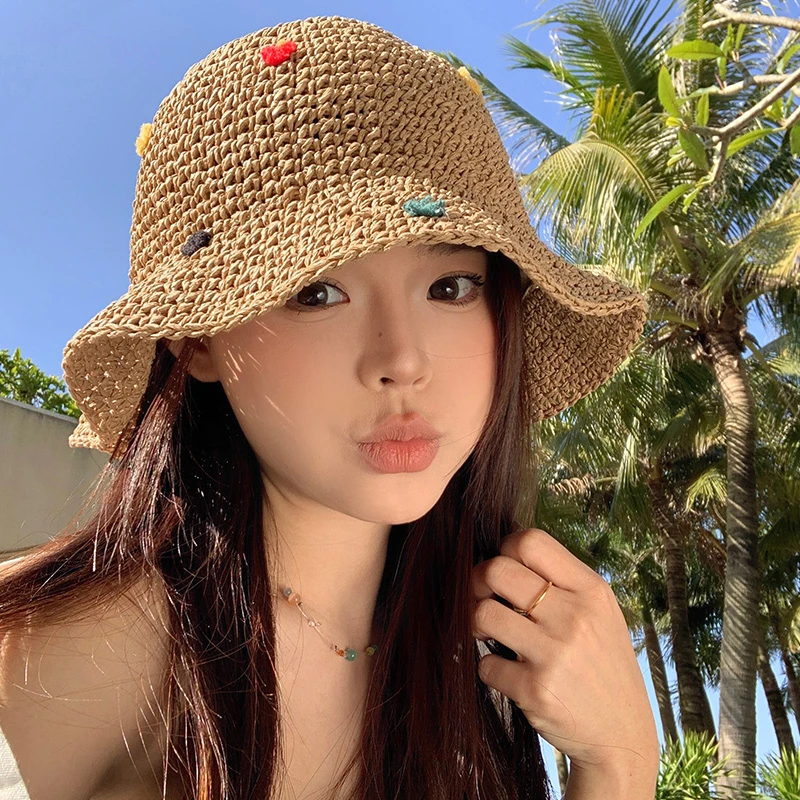 多巴胺彩色点点编织镂空渔夫帽女春夏大头围海边草帽防晒遮阳帽子