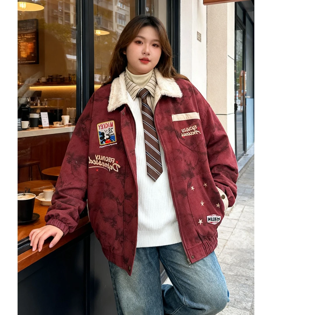 秋冬大码胖mm美式复古风加绒加厚翻领外套女宽松保暖棉服工装夹克