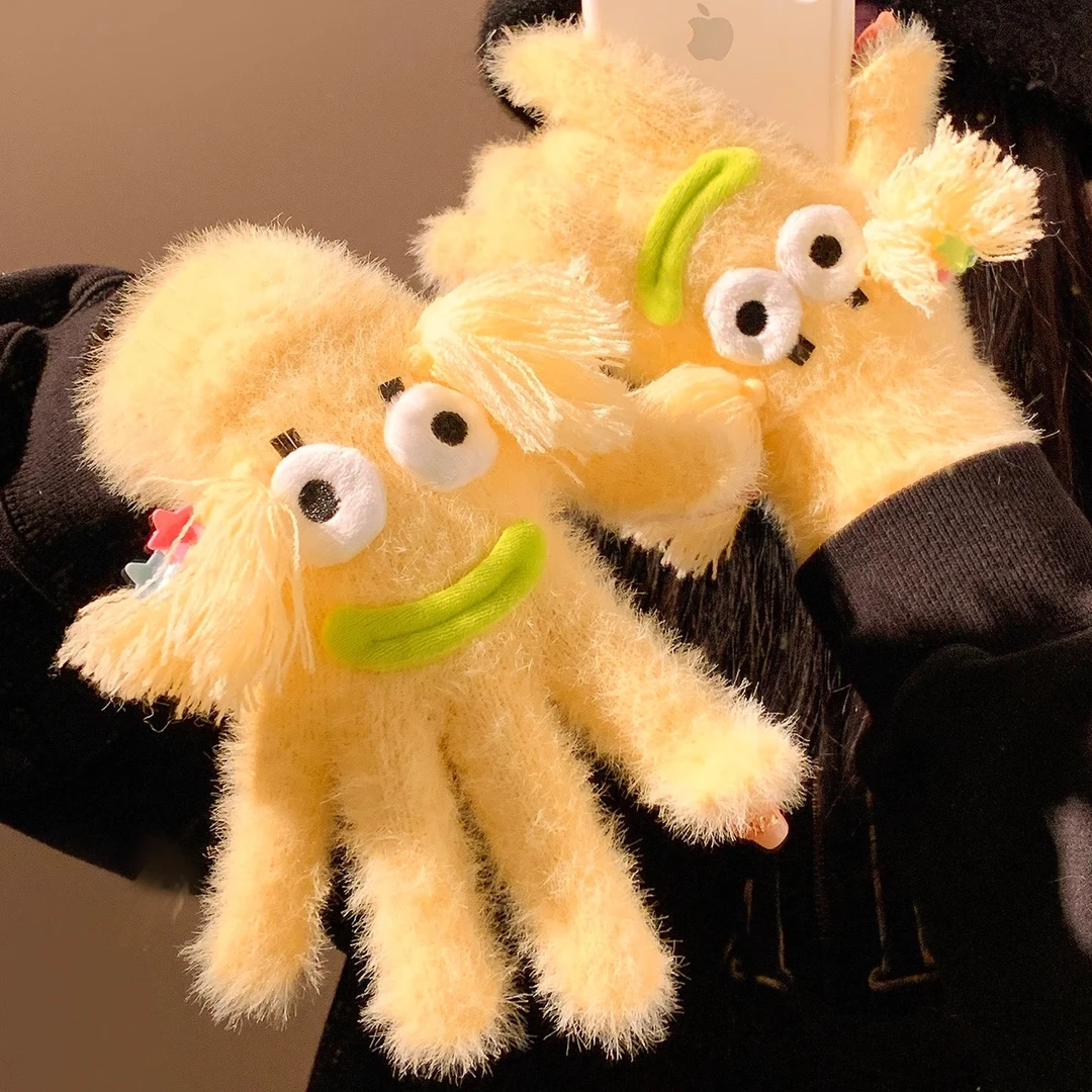 【个性】可爱搞怪大眼仔毛绒分指手套女冬季保暖防寒可触屏手套学生