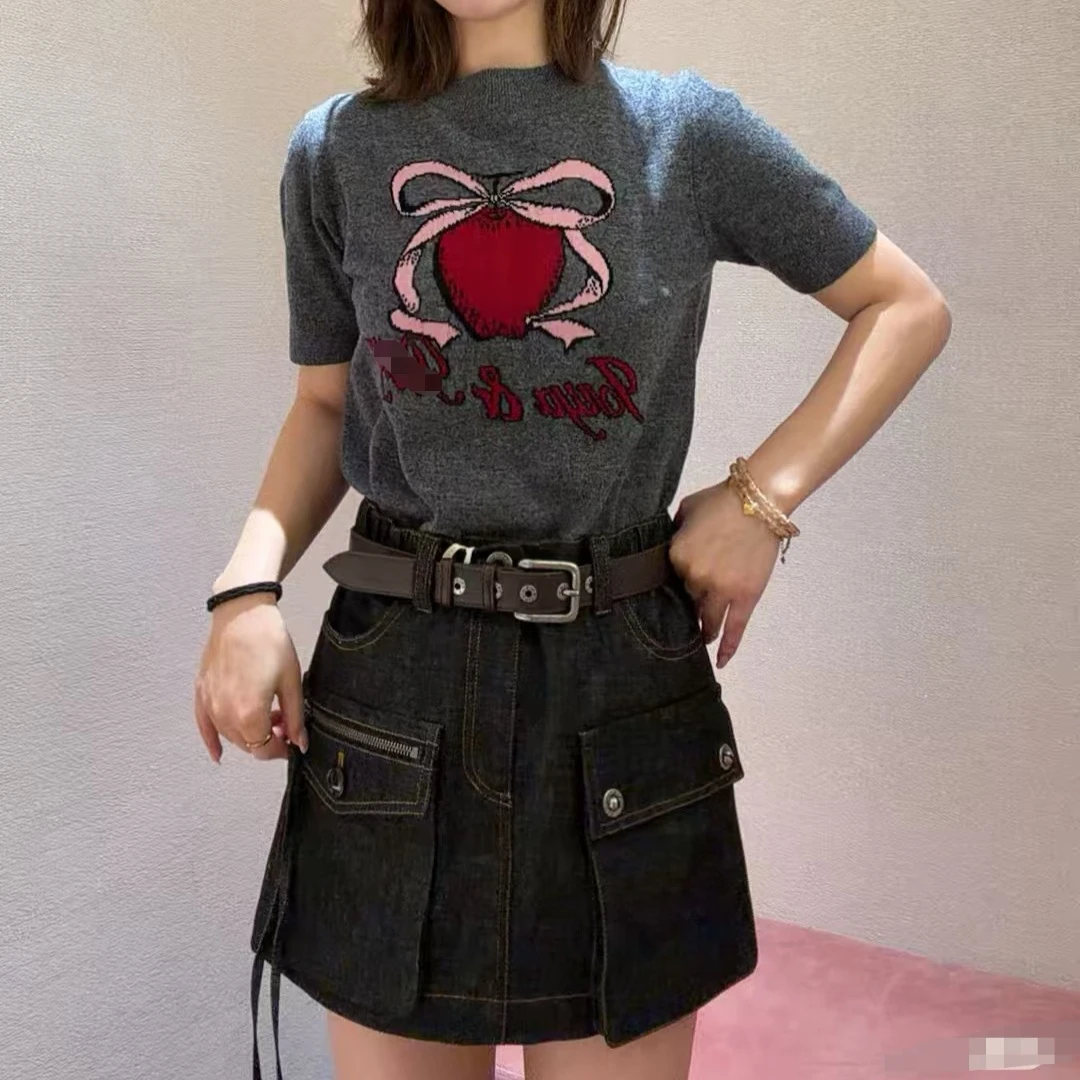 SZSALI 定制春季新款蝴蝶结拼接圆领羊毛针织衫女上牛仔半裙套装