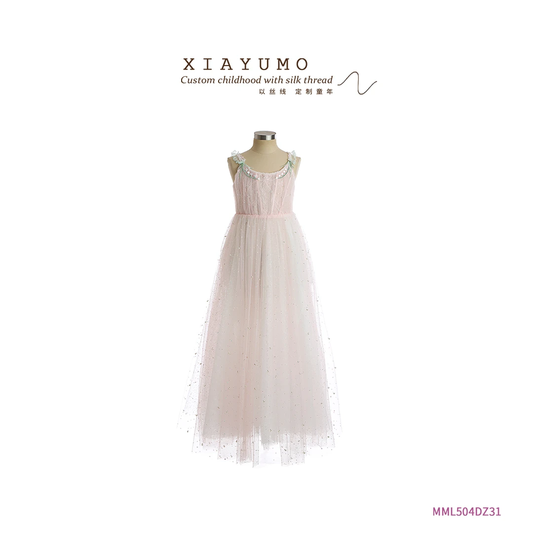 夏羽墨女童夏季新款粉色蕾丝气质时尚长款设计师设计师优雅连衣裙