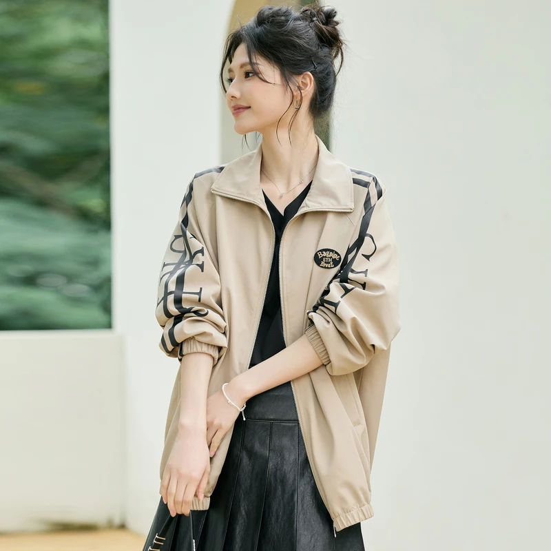 风笛2025春季新款翻领韩版宽松休闲拉链外套时尚百搭显瘦上衣女